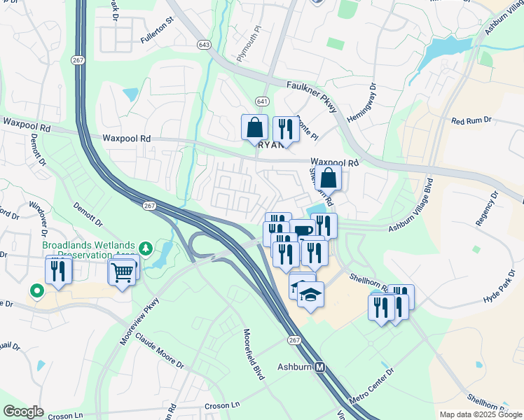 map of restaurants, bars, coffee shops, grocery stores, and more near 21836 Goodwood Terrace in Ashburn