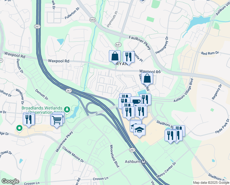 map of restaurants, bars, coffee shops, grocery stores, and more near 21845 Goodwood Terrace in Ashburn