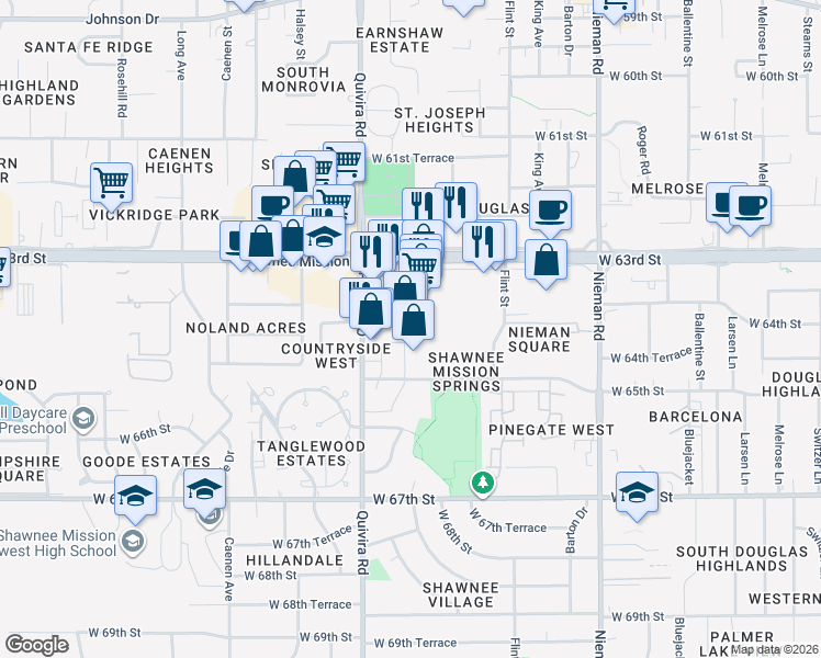 map of restaurants, bars, coffee shops, grocery stores, and more near 6451 Quivira Road in Shawnee