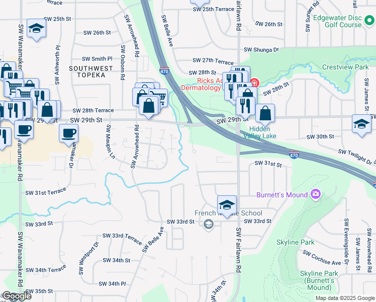 map of restaurants, bars, coffee shops, grocery stores, and more near 2937 Southwest McClure Road in Topeka