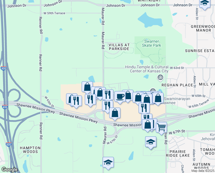 map of restaurants, bars, coffee shops, grocery stores, and more near 6405 Maurer Road in Shawnee