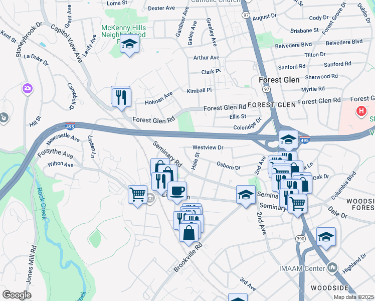 map of restaurants, bars, coffee shops, grocery stores, and more near 9507 Hale Place in Silver Spring