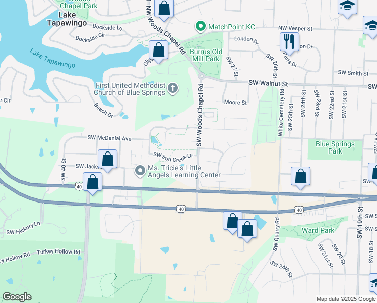 map of restaurants, bars, coffee shops, grocery stores, and more near 3211 Southwest Iron Creek Drive in Blue Springs