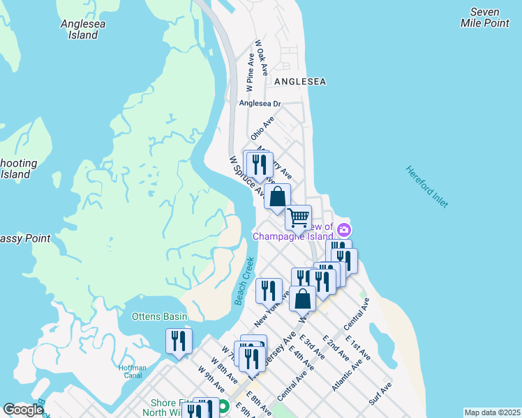 map of restaurants, bars, coffee shops, grocery stores, and more near 201 Maryland Avenue in North Wildwood