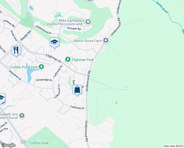 map of restaurants, bars, coffee shops, grocery stores, and more near 1629 Underwood Road in Gambrills