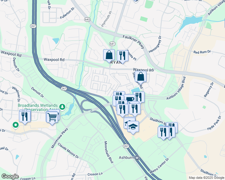 map of restaurants, bars, coffee shops, grocery stores, and more near 21834 Goodwood Terrace in Ashburn