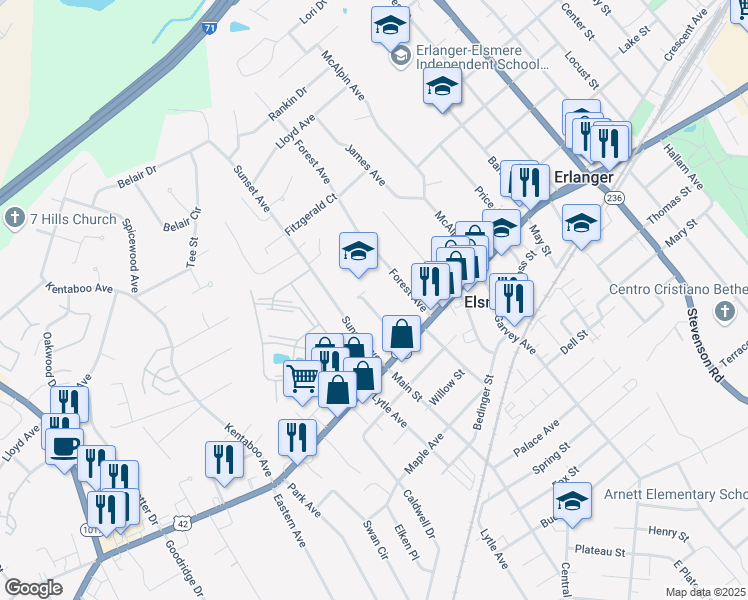 map of restaurants, bars, coffee shops, grocery stores, and more near 106 Sunset Avenue in Erlanger