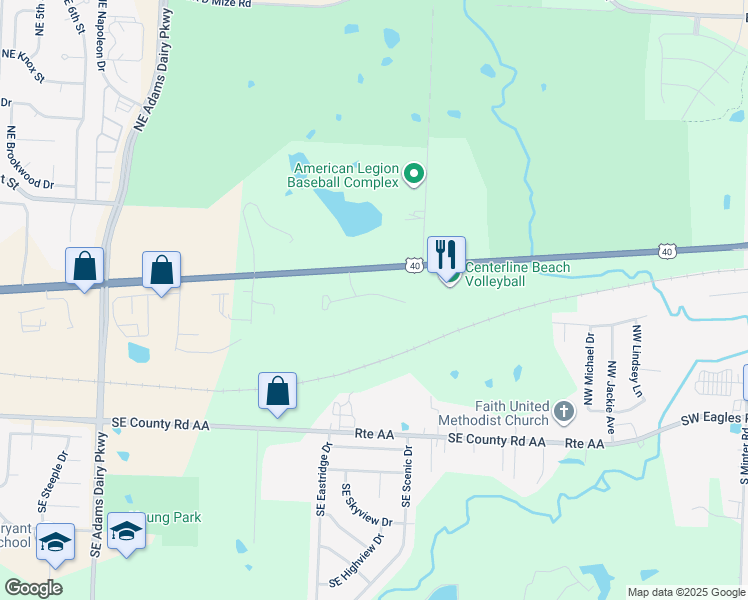 map of restaurants, bars, coffee shops, grocery stores, and more near 1822 Southeast Timbercreek Court in Blue Springs