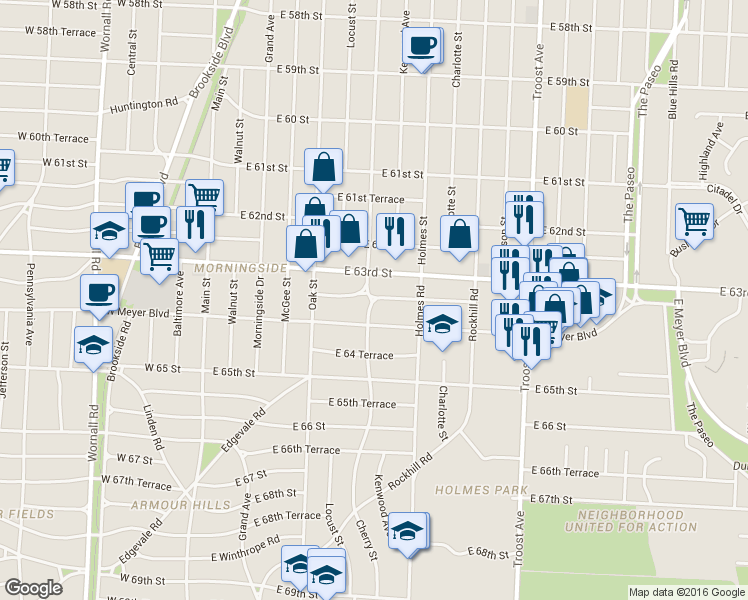 map of restaurants, bars, coffee shops, grocery stores, and more near 610 East Meyer Boulevard in Kansas City