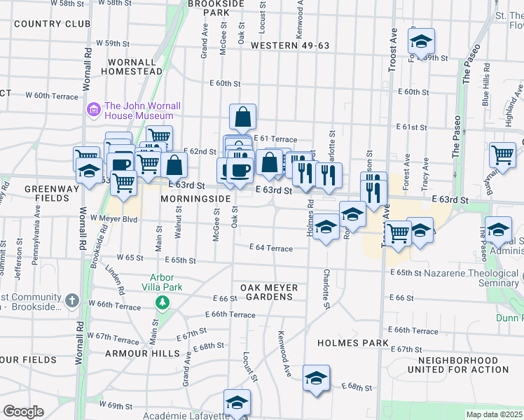 map of restaurants, bars, coffee shops, grocery stores, and more near 436 East Meyer Boulevard in Kansas City