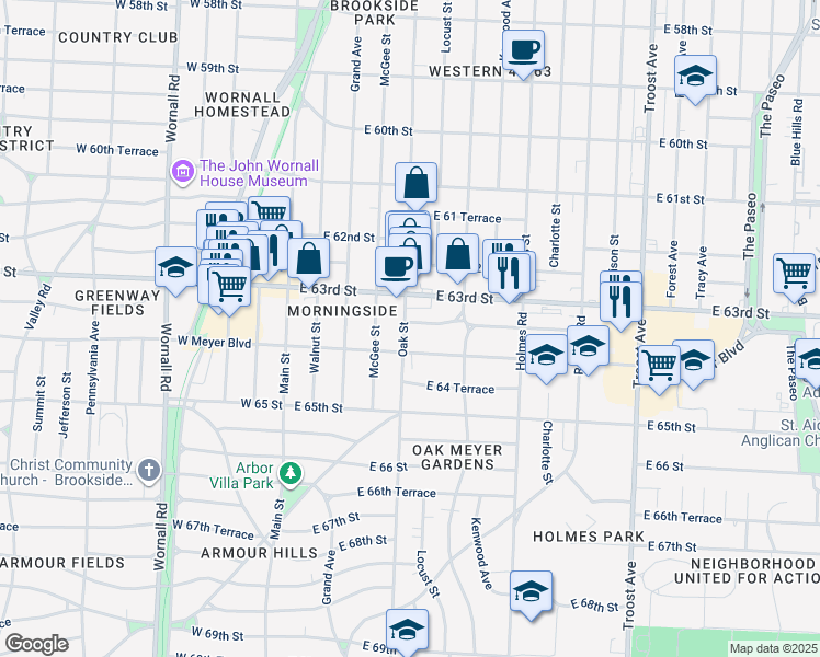 map of restaurants, bars, coffee shops, grocery stores, and more near 318 East Meyer Boulevard in Kansas City