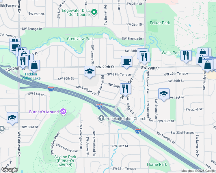 map of restaurants, bars, coffee shops, grocery stores, and more near 4318 SW 30th Terrace in Topeka