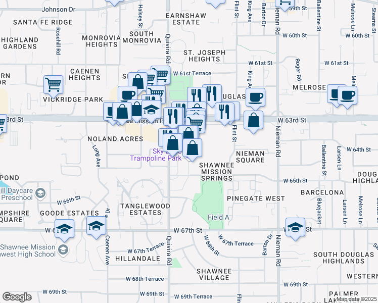map of restaurants, bars, coffee shops, grocery stores, and more near 6451 Quivira Road in Shawnee