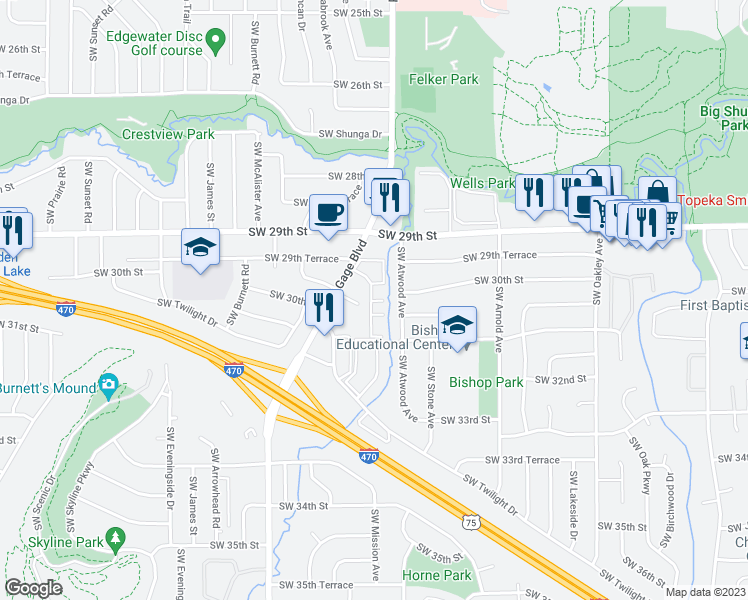 map of restaurants, bars, coffee shops, grocery stores, and more near 3033 Southwest Lydia Avenue in Topeka