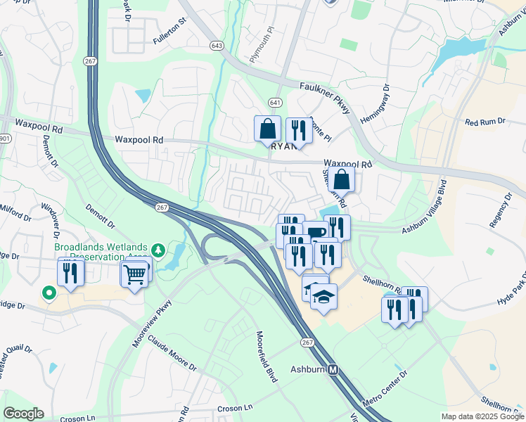 map of restaurants, bars, coffee shops, grocery stores, and more near Kelsey Square in Ashburn