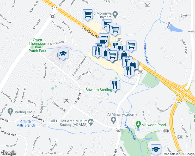 map of restaurants, bars, coffee shops, grocery stores, and more near 46913 Trumpet Circle in Sterling