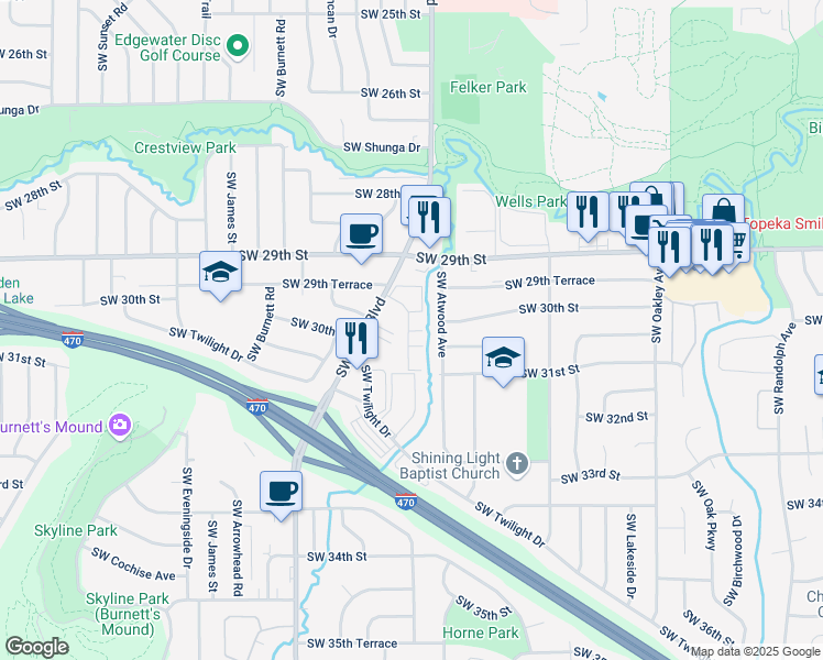 map of restaurants, bars, coffee shops, grocery stores, and more near 2924 Southwest Lydia Avenue in Topeka
