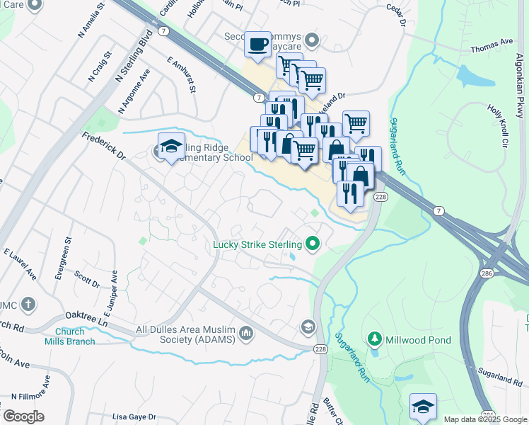 map of restaurants, bars, coffee shops, grocery stores, and more near 46913 Trumpet Circle in Sterling