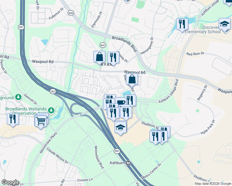 map of restaurants, bars, coffee shops, grocery stores, and more near 21827 High Rock Terrace in Ashburn