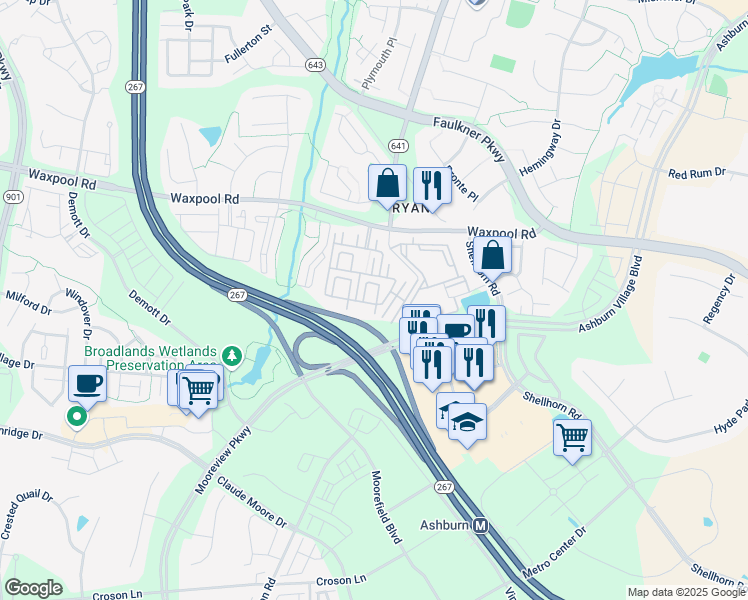 map of restaurants, bars, coffee shops, grocery stores, and more near 21847 Kelsey Square in Ashburn