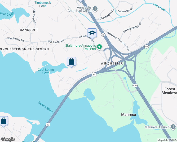 map of restaurants, bars, coffee shops, grocery stores, and more near 1686 Winchester Road in Annapolis
