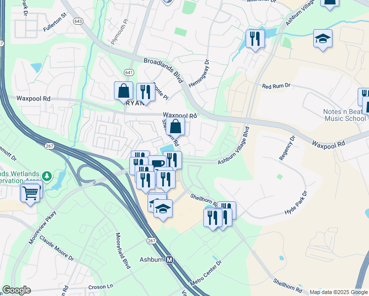 map of restaurants, bars, coffee shops, grocery stores, and more near 43687 Phelps Terrace in Ashburn