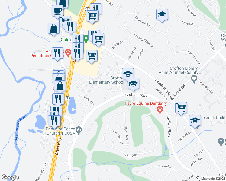 map of restaurants, bars, coffee shops, grocery stores, and more near 1711 Dana Street in Crofton