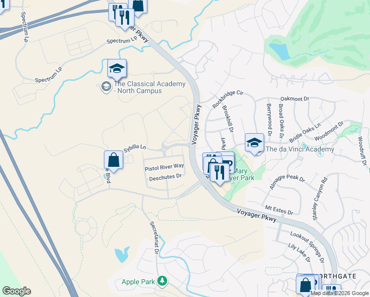 map of restaurants, bars, coffee shops, grocery stores, and more near 1053 Deschutes Drive in Colorado Springs