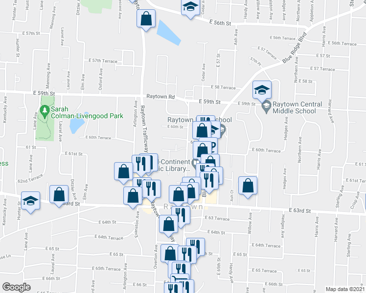 map of restaurants, bars, coffee shops, grocery stores, and more near 6124 Raytown Road in Raytown