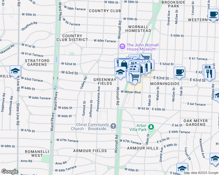 map of restaurants, bars, coffee shops, grocery stores, and more near 425 West Meyer Boulevard in Kansas City