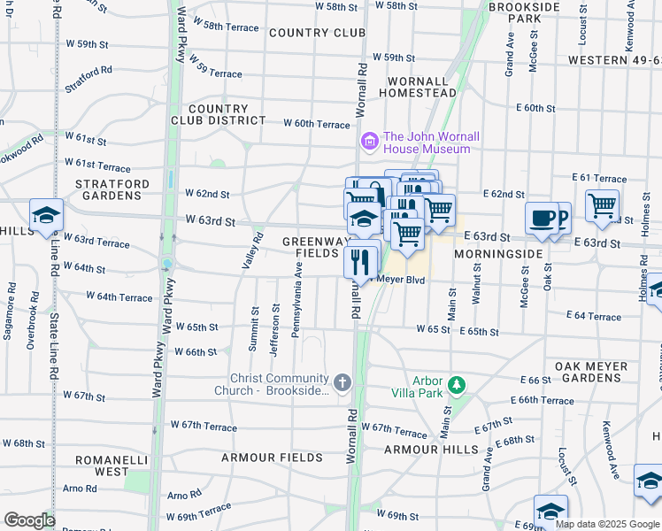 map of restaurants, bars, coffee shops, grocery stores, and more near 425 West Meyer Boulevard in Kansas City