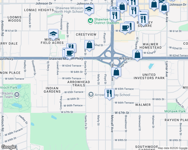 map of restaurants, bars, coffee shops, grocery stores, and more near 6431 Riley Street in Mission