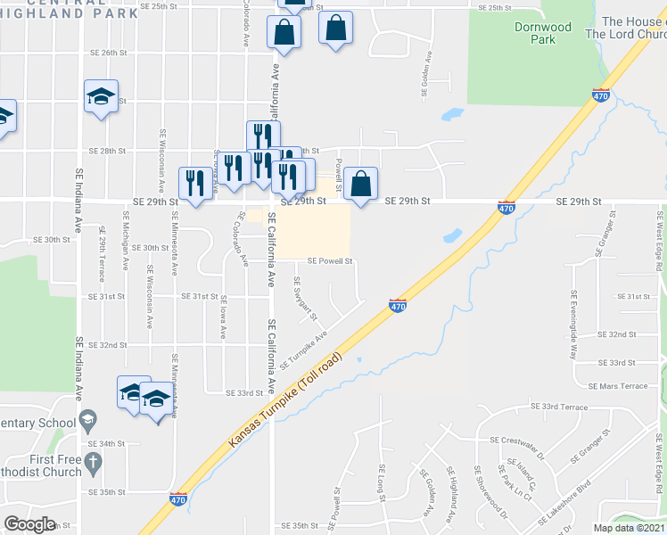 map of restaurants, bars, coffee shops, grocery stores, and more near 3021 Southeast Mareta Circle in Topeka