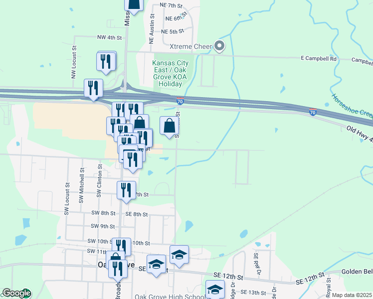 map of restaurants, bars, coffee shops, grocery stores, and more near Southeast 4th Street in Oak Grove