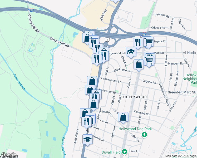 map of restaurants, bars, coffee shops, grocery stores, and more near 9638 Baltimore Avenue in College Park