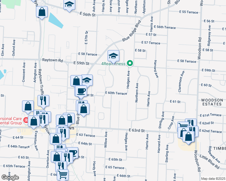 map of restaurants, bars, coffee shops, grocery stores, and more near 10512 East 60th Terrace in Raytown