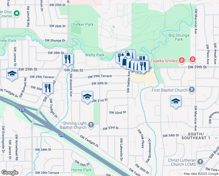 map of restaurants, bars, coffee shops, grocery stores, and more near 3320 Southwest 30th Terrace in Topeka