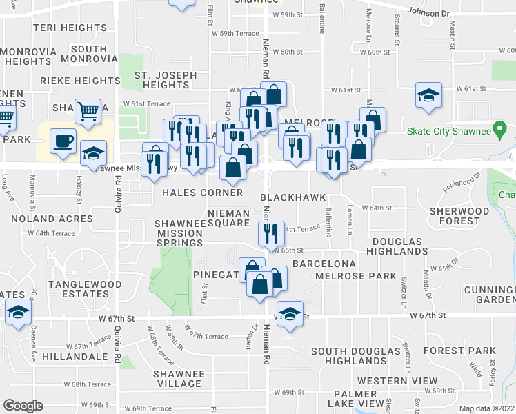 map of restaurants, bars, coffee shops, grocery stores, and more near 11116 West 64th Terrace in Shawnee