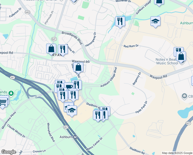 map of restaurants, bars, coffee shops, grocery stores, and more near 21817 Ladyslipper Square in Ashburn
