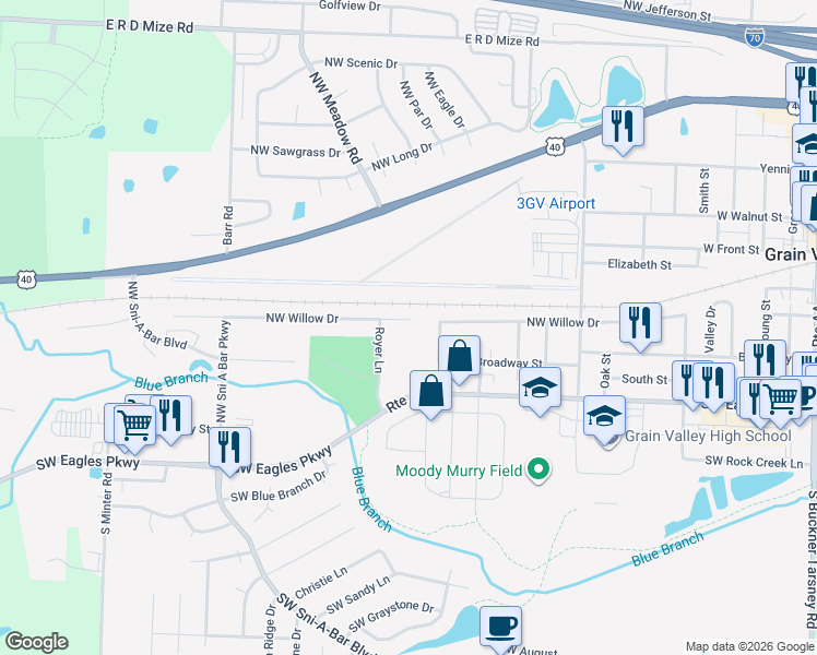 map of restaurants, bars, coffee shops, grocery stores, and more near 1028 Northwest Willow Drive in Grain Valley