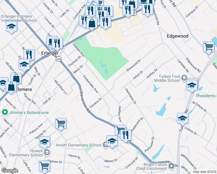 map of restaurants, bars, coffee shops, grocery stores, and more near 418 Hallam Avenue in Erlanger