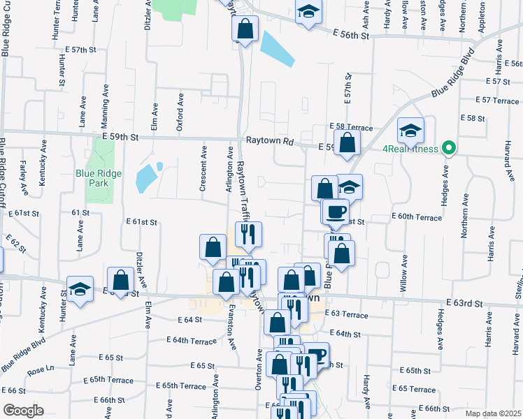 map of restaurants, bars, coffee shops, grocery stores, and more near 9804 East 60th Terrace in Raytown