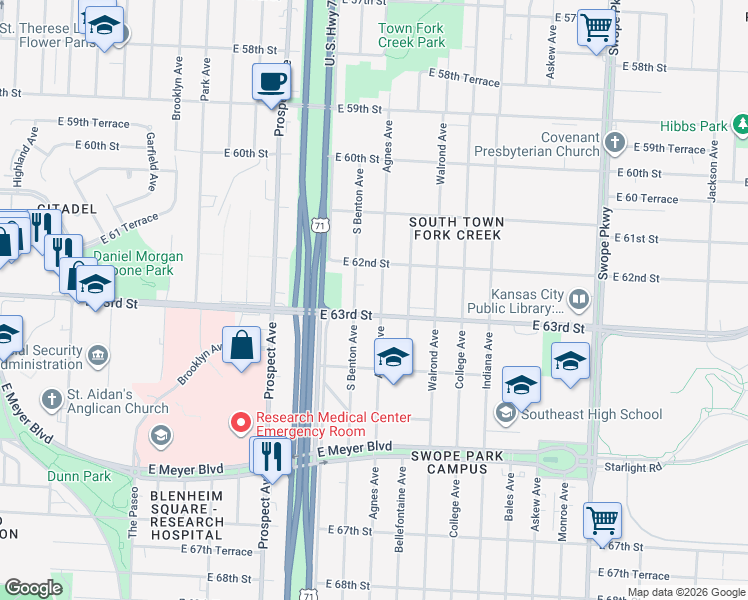 map of restaurants, bars, coffee shops, grocery stores, and more near 6215 South Benton Avenue in Kansas City