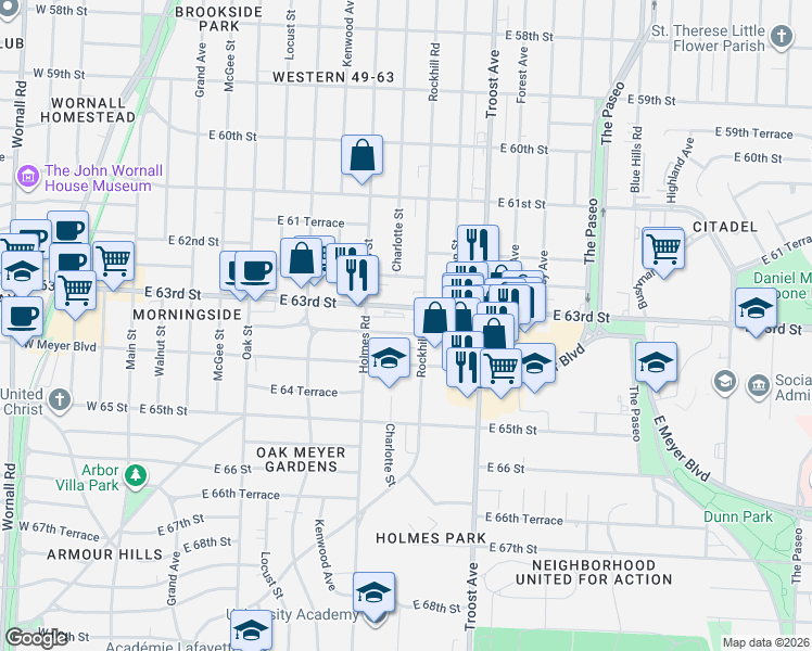 map of restaurants, bars, coffee shops, grocery stores, and more near 800 East 63rd Street in Kansas City