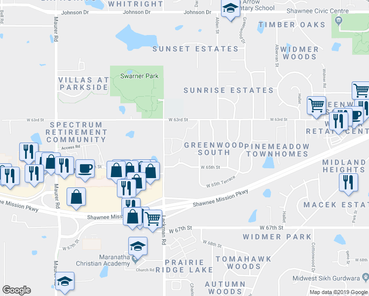 map of restaurants, bars, coffee shops, grocery stores, and more near 14900 West 64th Street in Shawnee