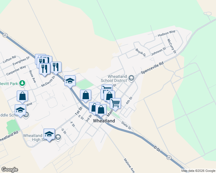 map of restaurants, bars, coffee shops, grocery stores, and more near 303 Mesa Street in Wheatland