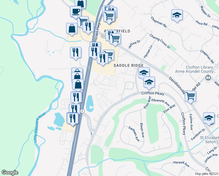 map of restaurants, bars, coffee shops, grocery stores, and more near 1606 Fallowfield Court in Crofton