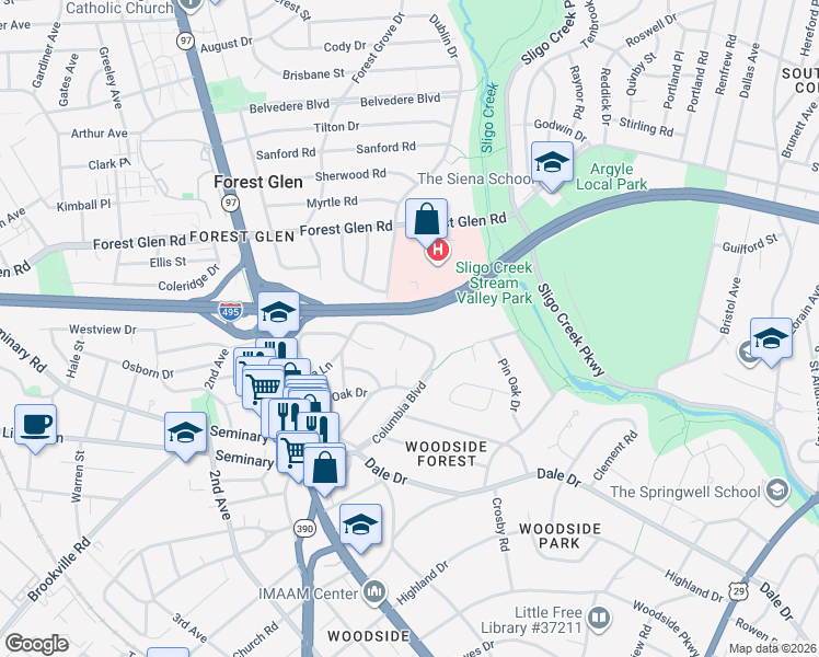 map of restaurants, bars, coffee shops, grocery stores, and more near 1515 Flora Lane in Silver Spring