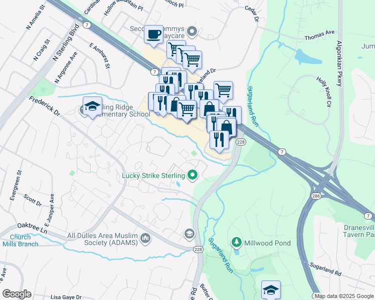 map of restaurants, bars, coffee shops, grocery stores, and more near 46910 Shady Point Square in Sterling