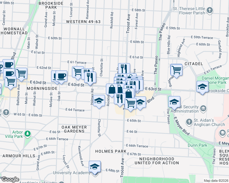 map of restaurants, bars, coffee shops, grocery stores, and more near in Kansas City